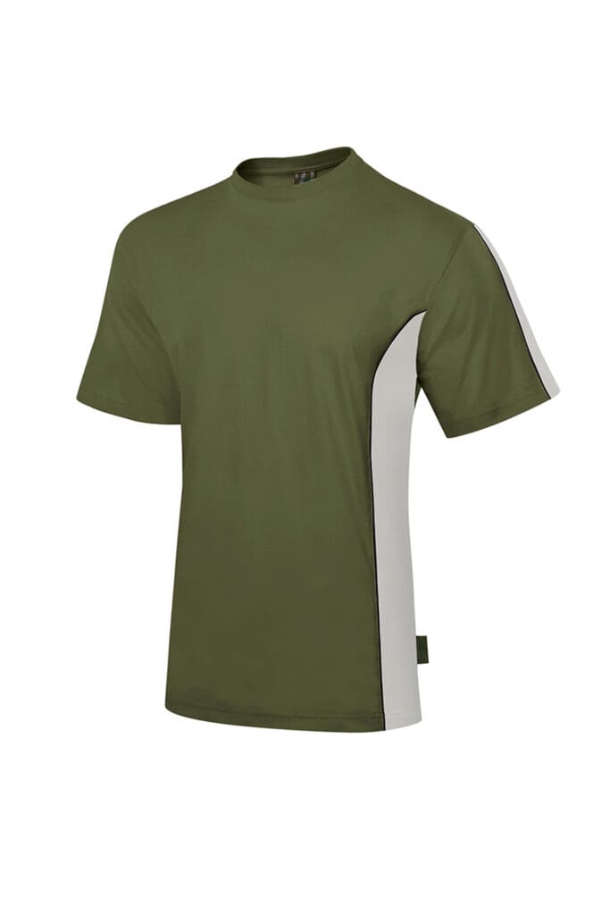 Koszulka T-shirt męska VKT-26, krótki rękaw, kontrastowe wstawki po bokach koszulki i na rękawku, kontrastowe wypustki, przykładowa kolorystyka khaki z beżowymi wstawkami